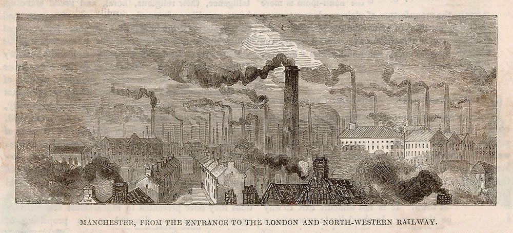 An old drawing of Manchester's factory chimneys