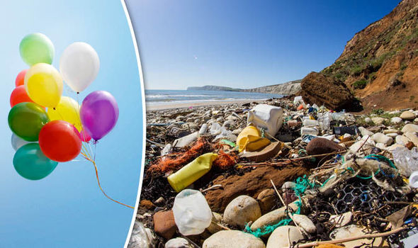 Colorful balloons on the left side and litter of sky lanterns and balloon on the right