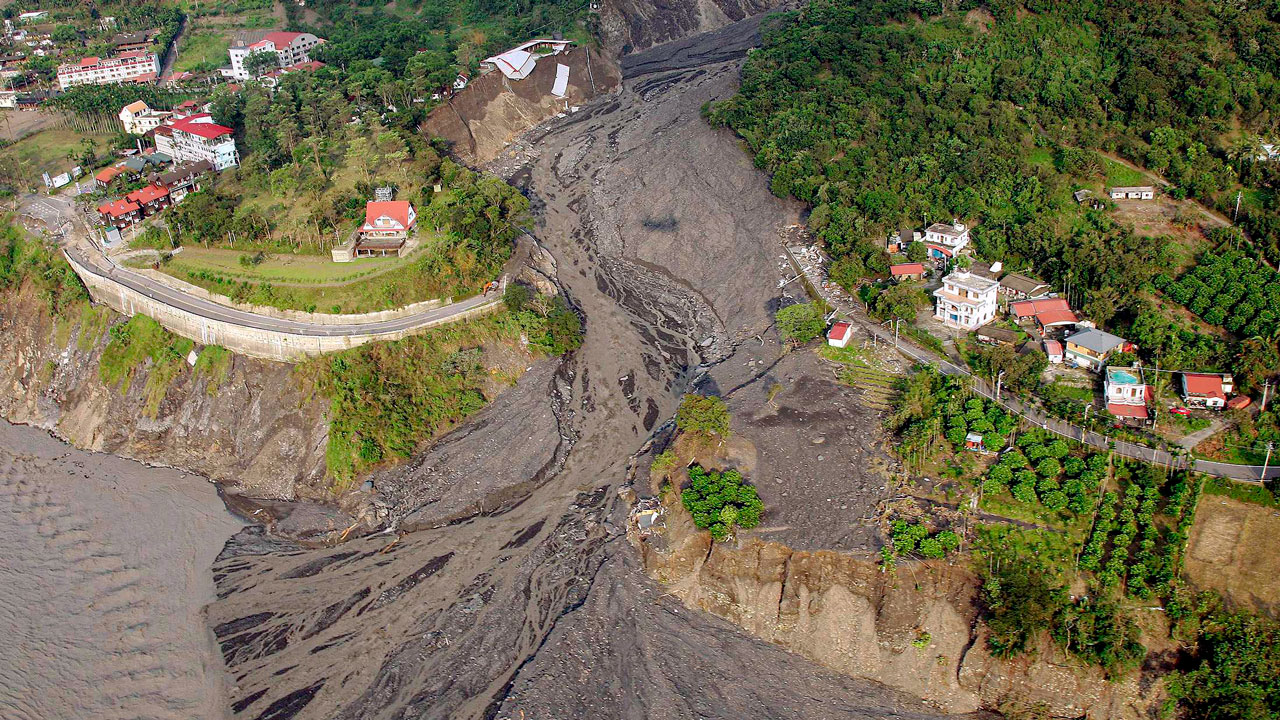 An aerial photograph shows the flooded and landslide-affected area after Typhoon Morakot swept through, in Kaohsiung county